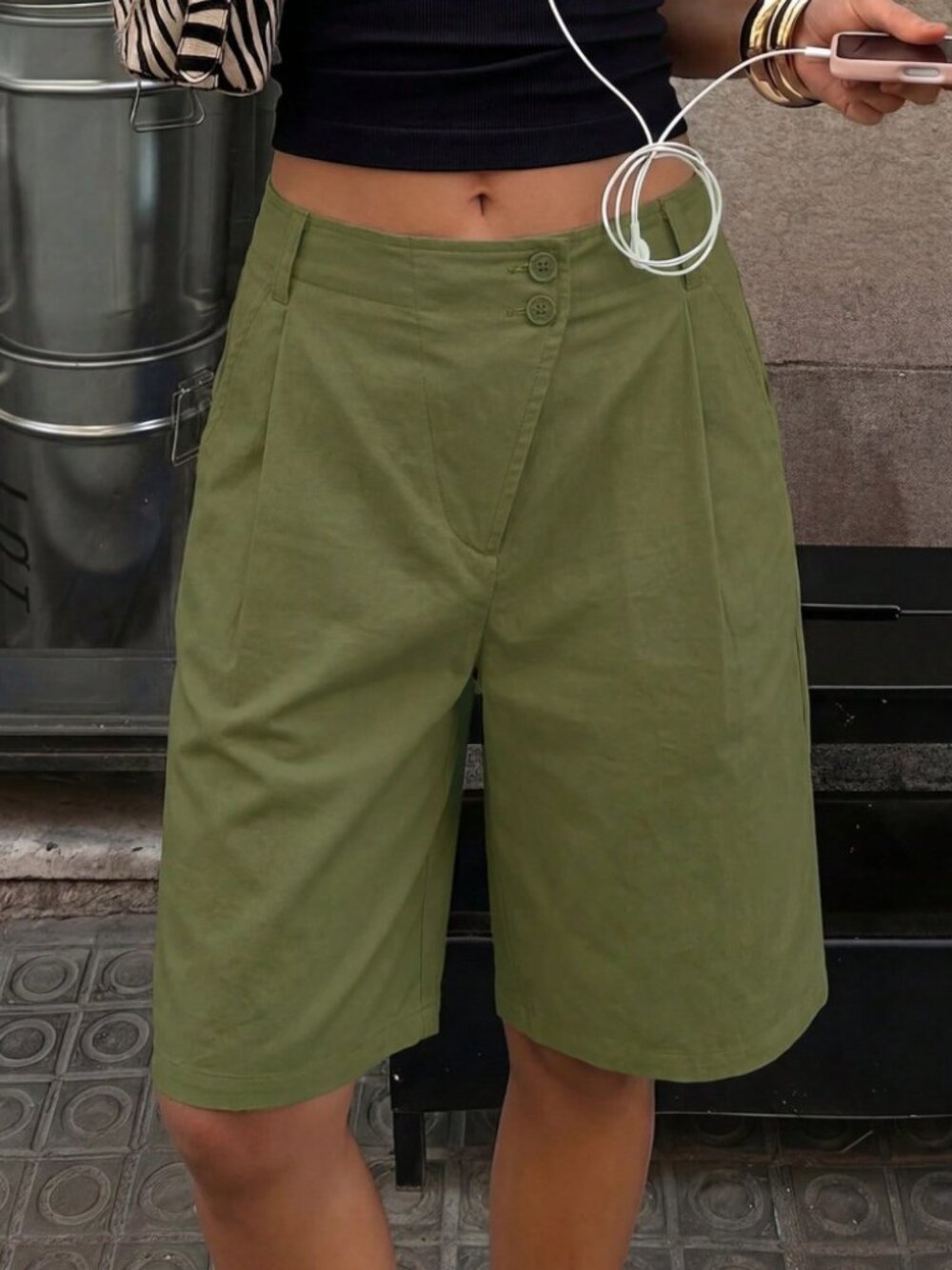 Olive Green Bermuda Shorts with Button Front